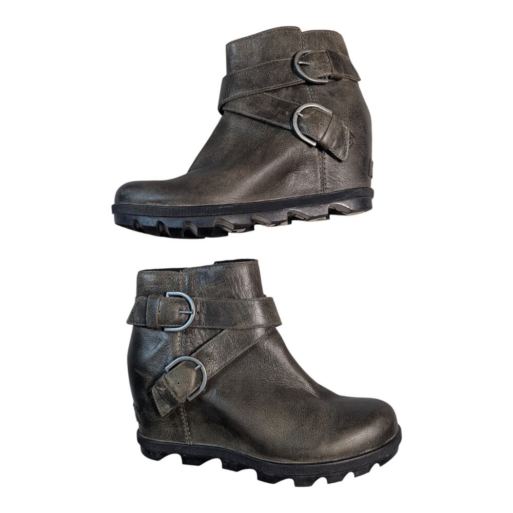 Sorel Joan of Arctic Wedge II Buckle Strap Gray Leather Wedge Ankle Boots Sz 9